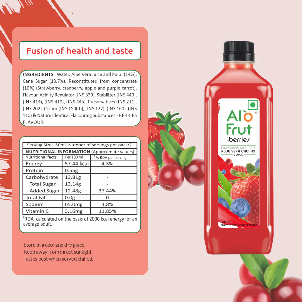 Alo Frut Berries Juice With Aloevera Chunks - 300ML - Image 5