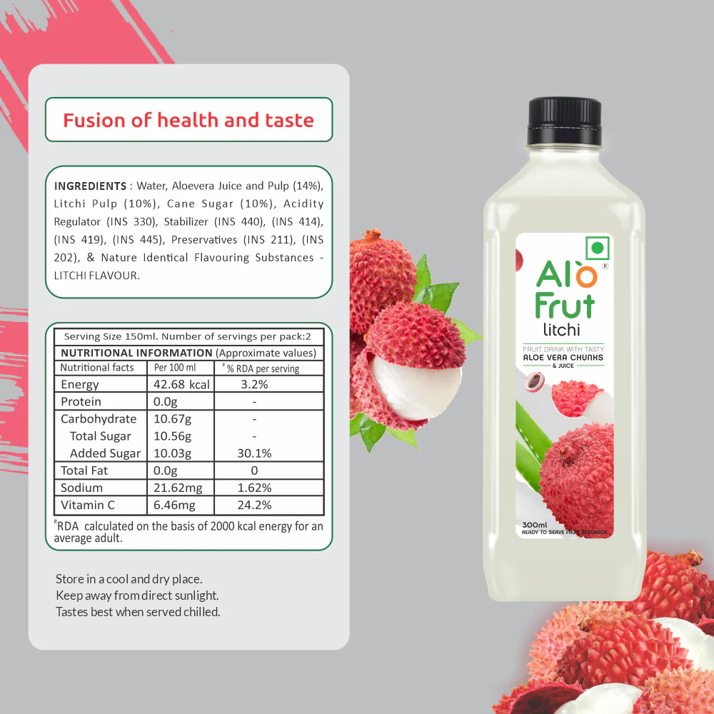 Alo Frut Litchi Juice With Aloevera Chunks - 300ML - Image 3