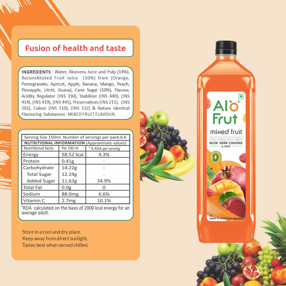 Alo Frut Mixed Fruit Aloevera Chunks & Juice 1 ltr - Image 3