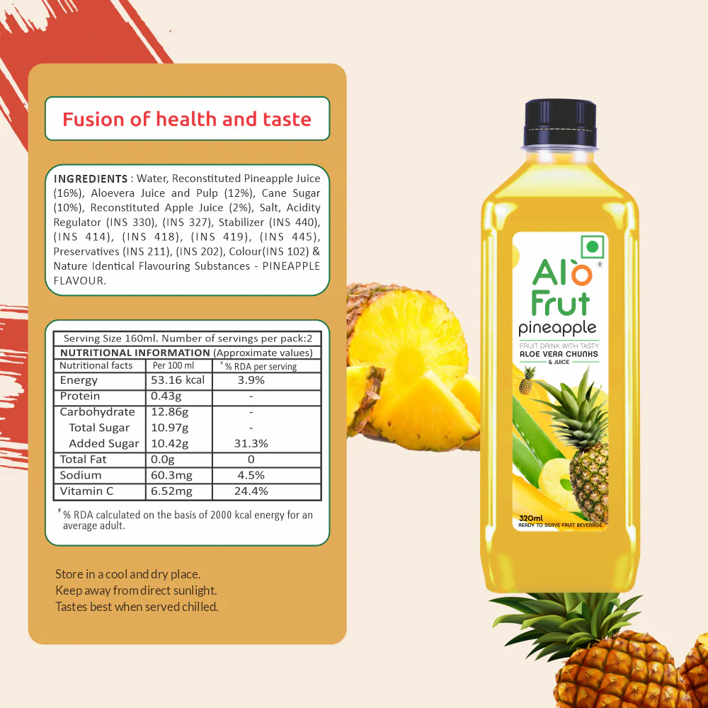 AloFrut Pineapple Juice With Aloevera Chunks - 300ML (Pack of 24) - Image 5